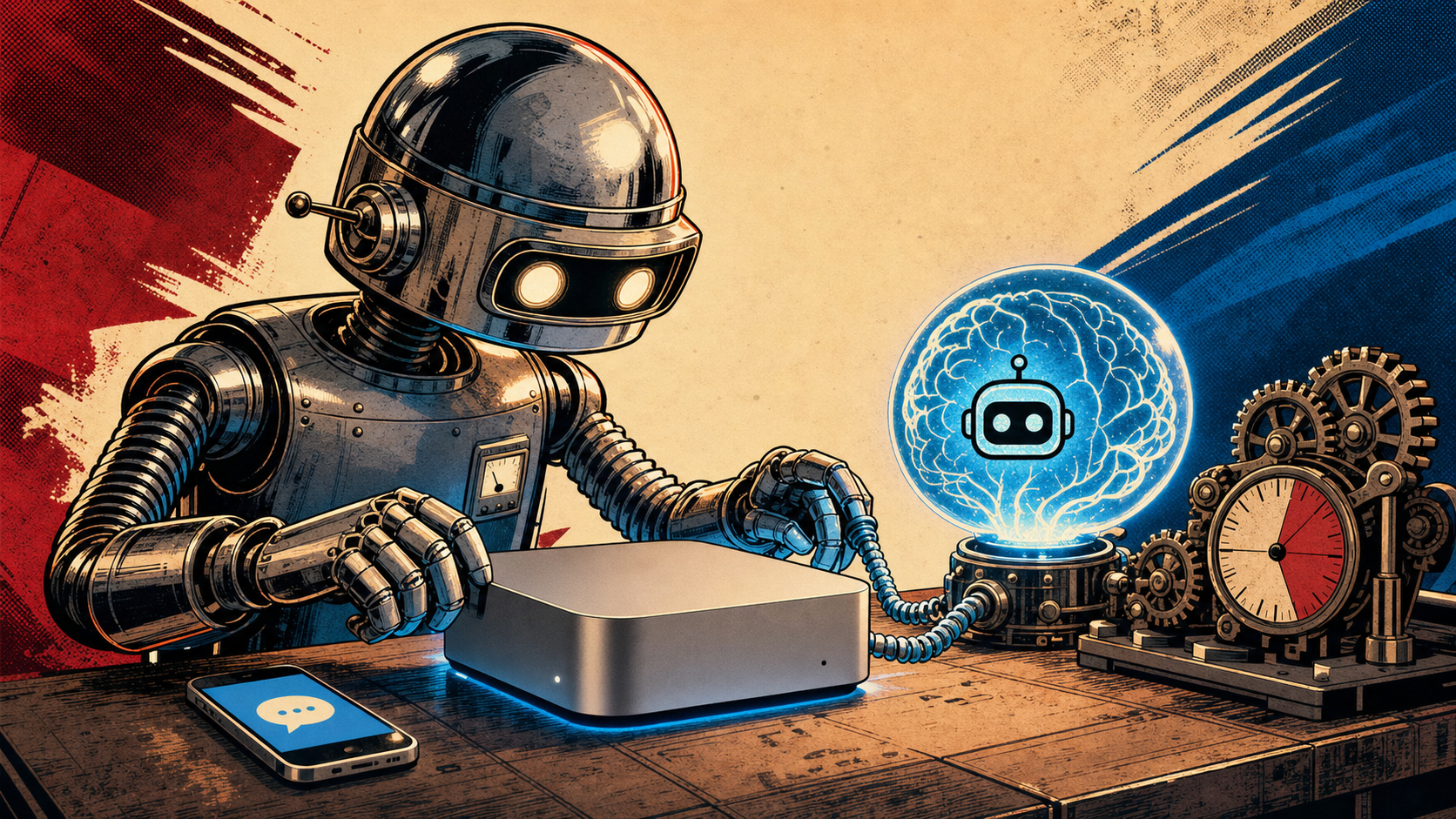 Retro editorial illustration of a chrome-domed robot at a workbench wiring a small desktop computer to a glowing brain, with a gear-driven scheduler mechanism and a smartphone showing a chat bubble.