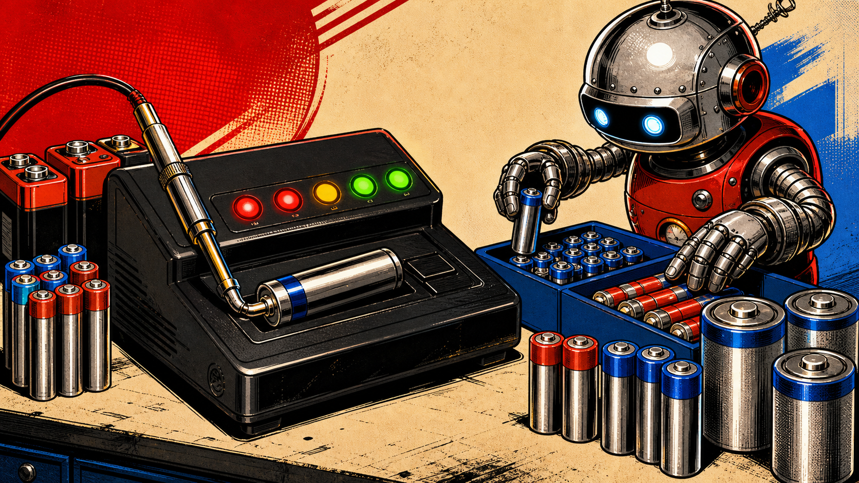 A compact black multi-battery tester checking AA rechargeable batteries on a workbench, with a retro robot assistant sorting good and weak cells